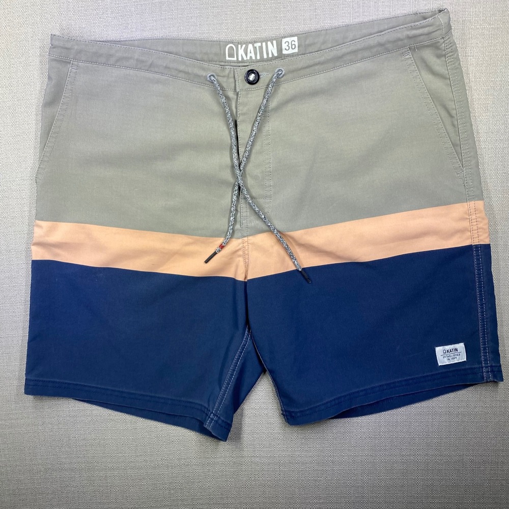 Katin Mens Colorblock Board Shorts Sage Peach Navy Blue Size 36 Swim Trunks